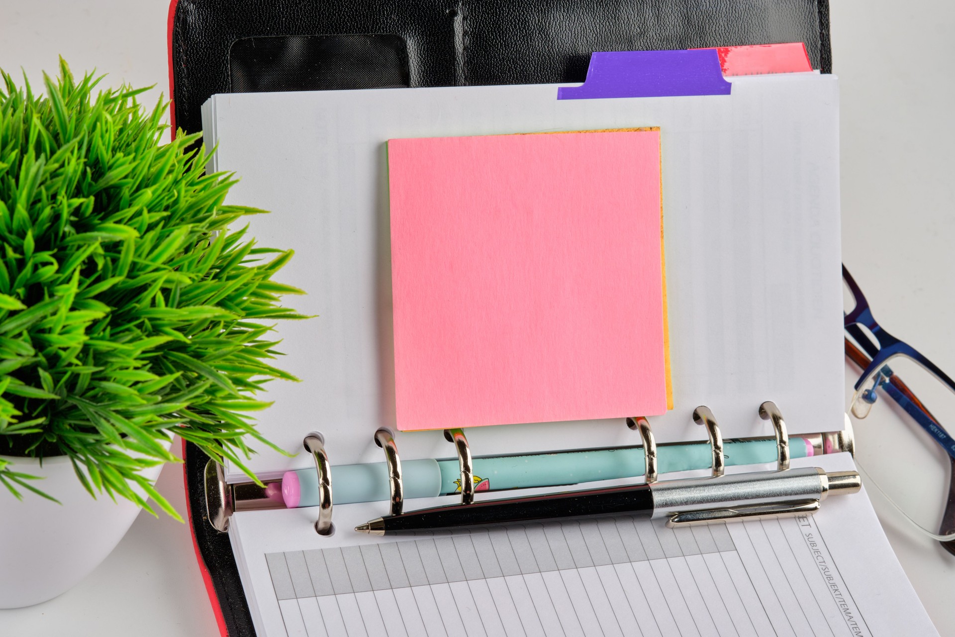 An open notebook with a sticker for writing with a plant in the foreground with selective focus